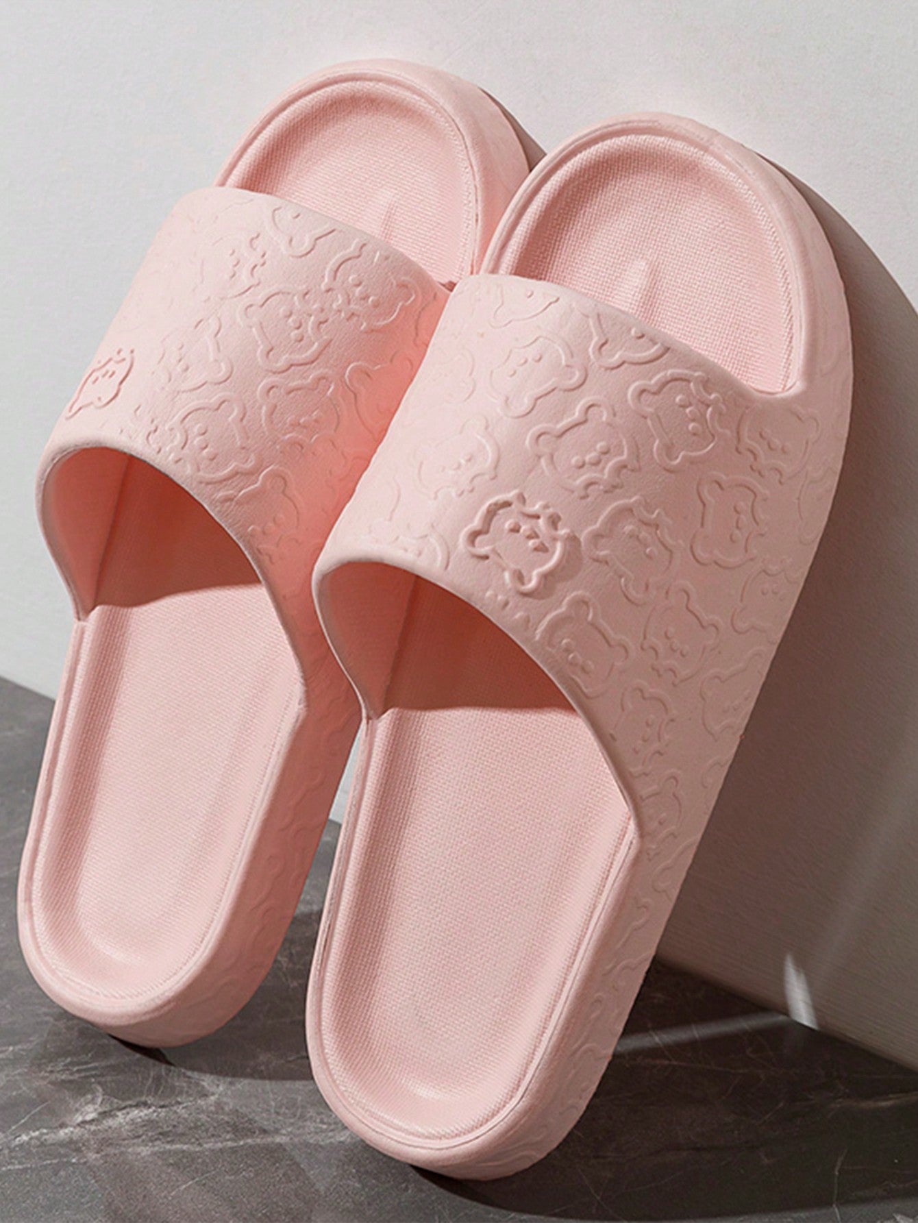 1pair Cute Bear Designed Slippers For Women, Soft Eva Platform Cartoon Beach Sandals-Pink-1
