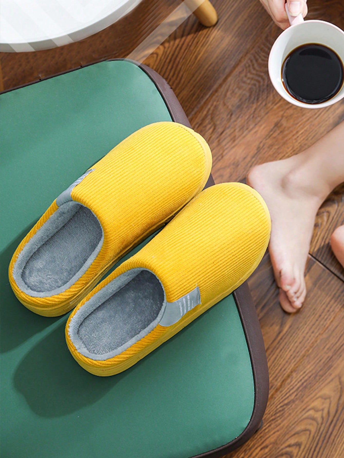 1pair Autumn Winter Warm Anti-Slip Thick Bottom Plush Slippers For Indoor Home Use-Yellow-2