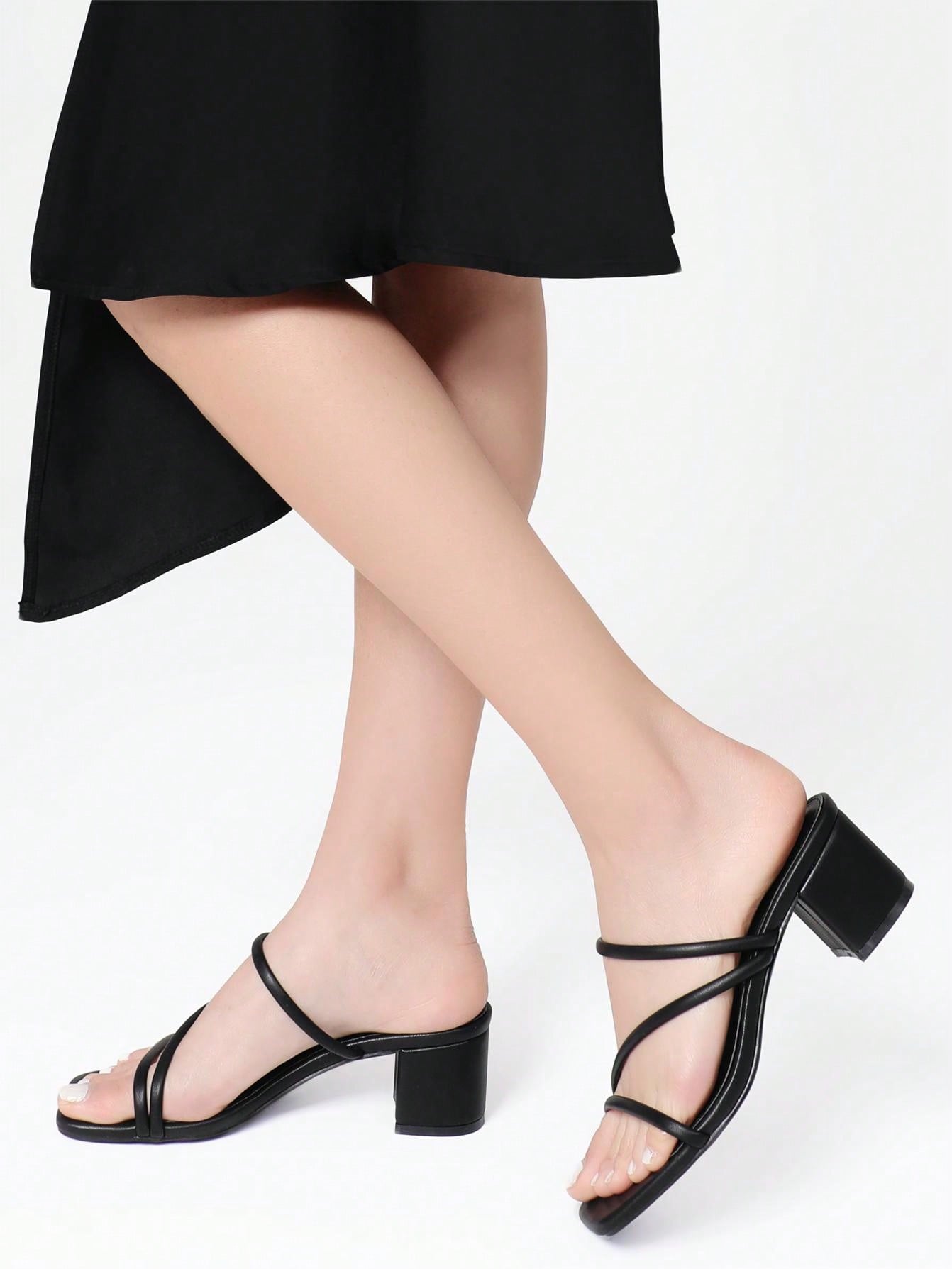  Strappy Heels For Women Low Chunky Block Heel Heeled Sandals Square Open Toe Slip On Slides Mules-Black-1